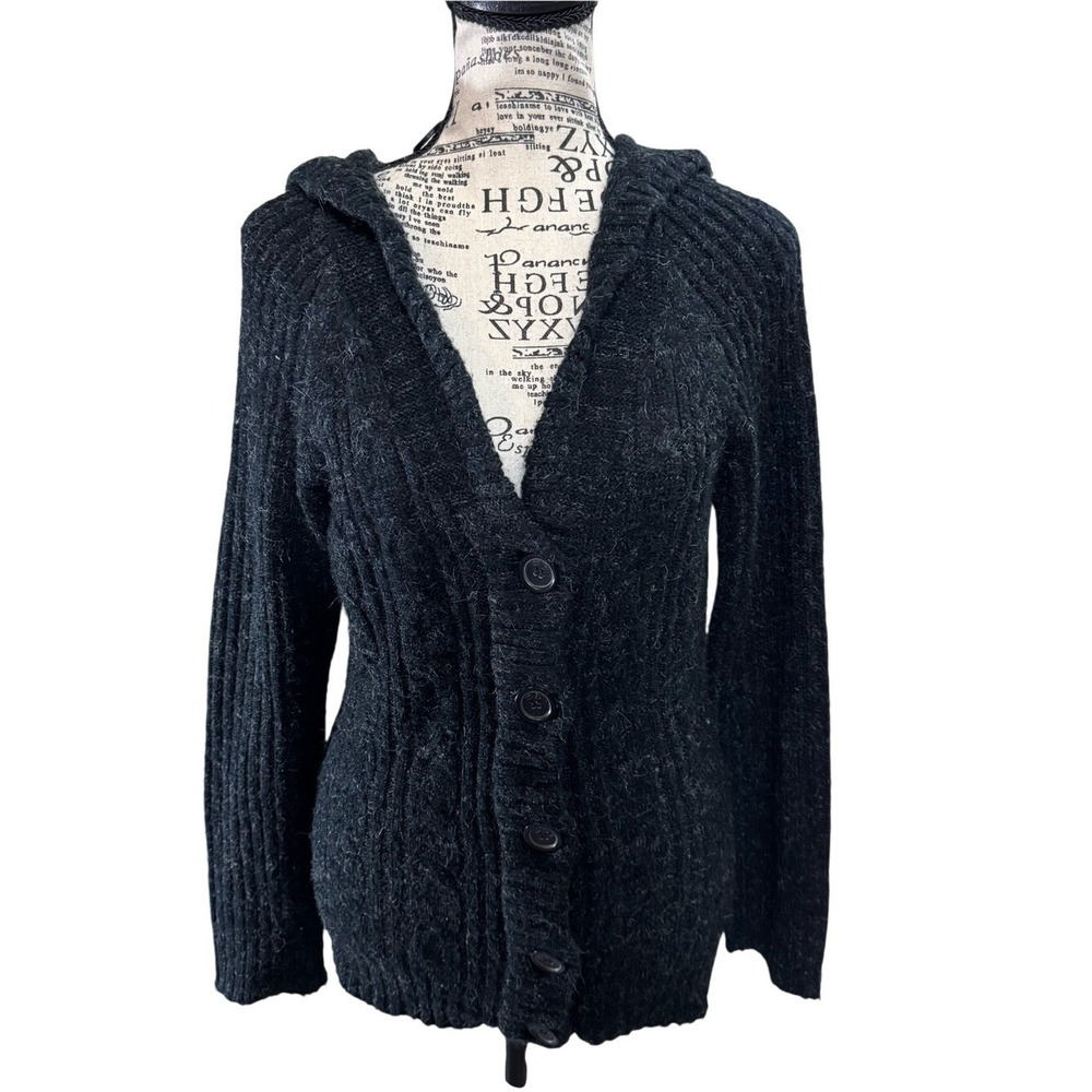 ISH Black Hooded Cable-Knit Button Cardigan